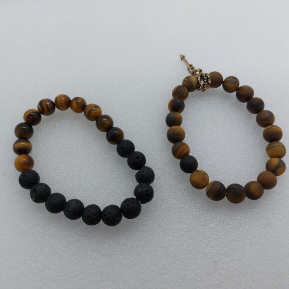 Tigers Eye & Lava Gemstone Stretch Bracelet & Key Chain Matte & Gloss Finish - Picture 5 of 7